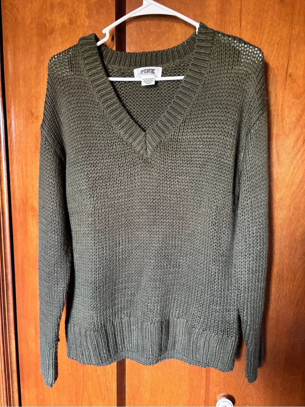 PINK Victoria's Secret Olive Green Oversized V-Neck Sweater